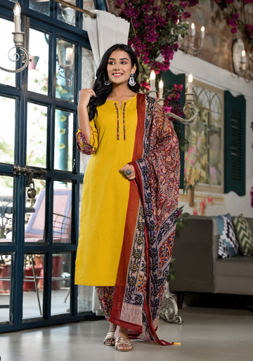 Golden Sunshine Embroidered Kurta Set with Ornate Dupatta