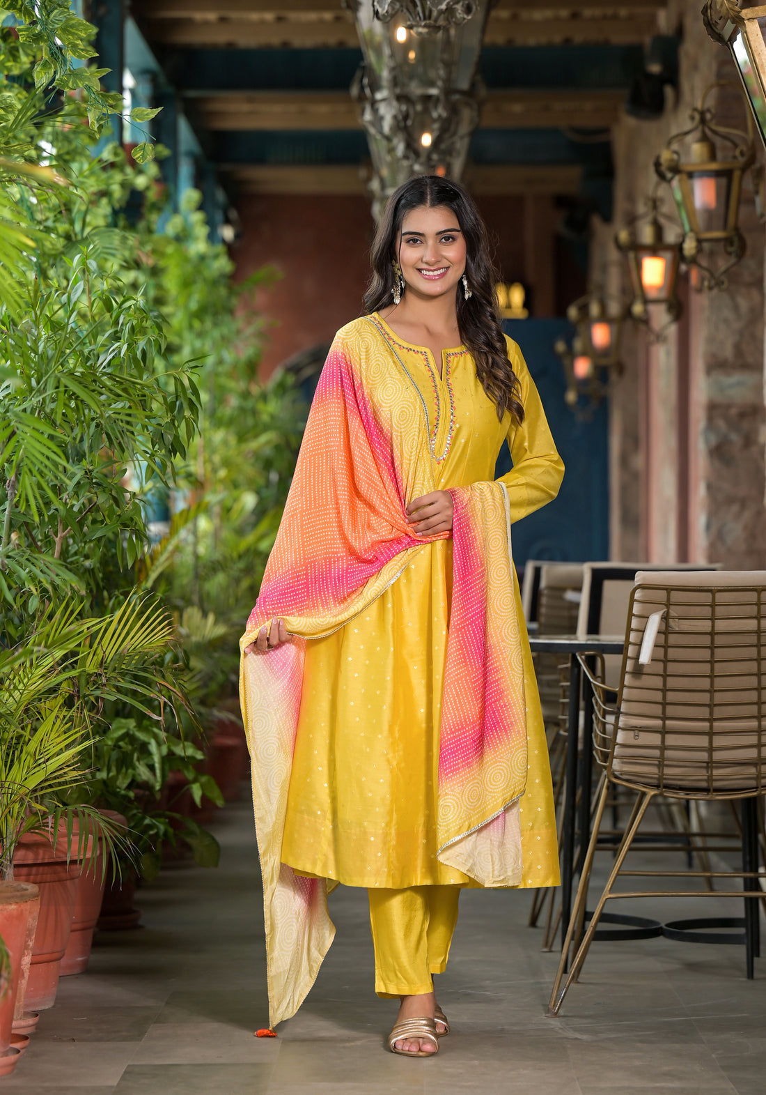 Vibrant Yellow A-Line Kurta with Ombre Dupatta