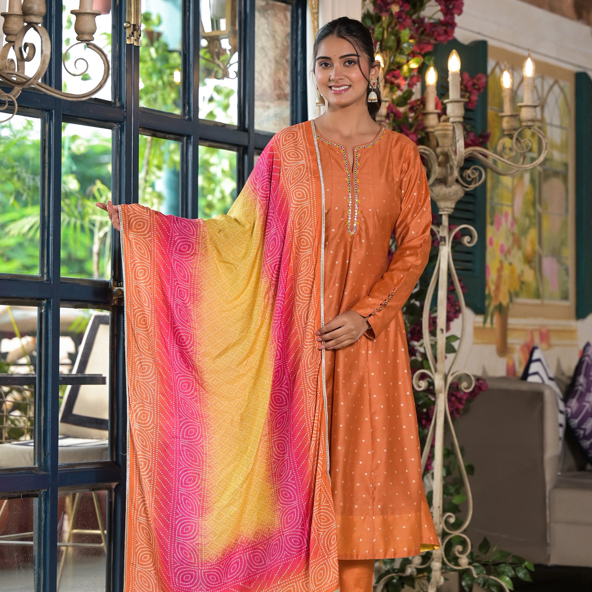 Burnt Orange Kurta Set with Vibrant Ombre Dupatta