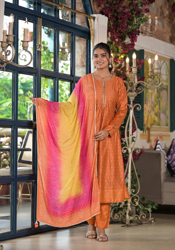 Burnt Orange Kurta Set with Vibrant Ombre Dupatta