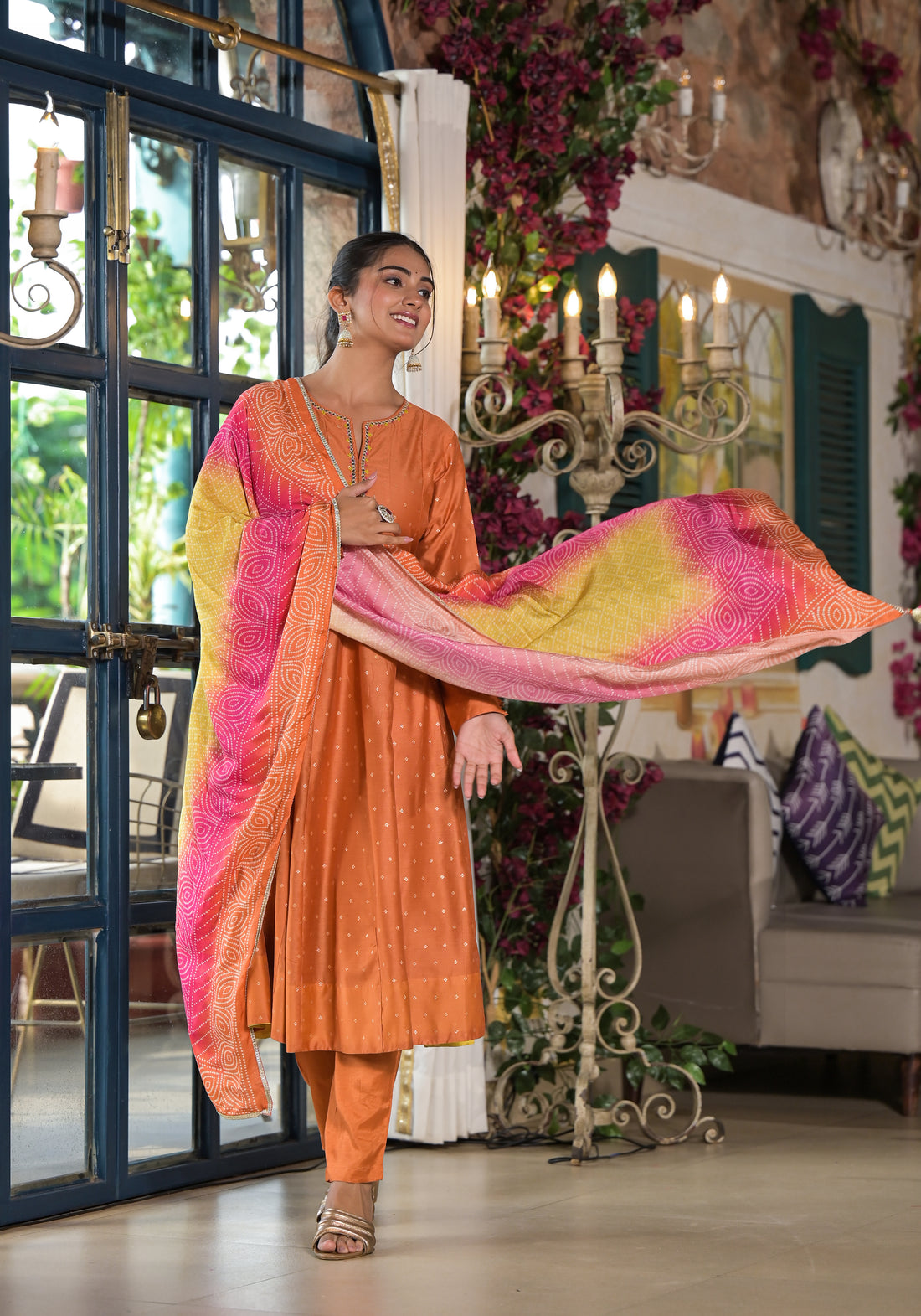 Burnt Orange Kurta Set with Vibrant Ombre Dupatta