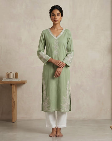 Sage Green Floral Embroidered Straight Kurta – Top Only