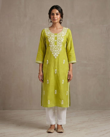 Lime Green Chikankari Style Floral Embroidered Straight Kurta – Top Only
