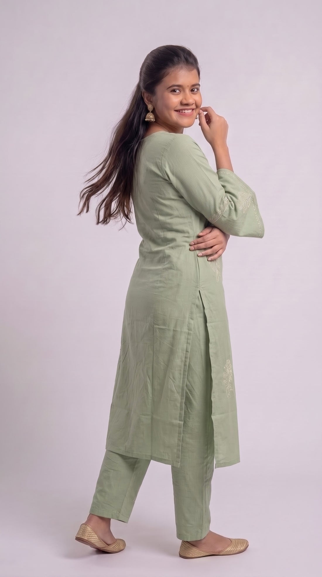 Sage Bloom Embroidered Cotton Kurta Set
