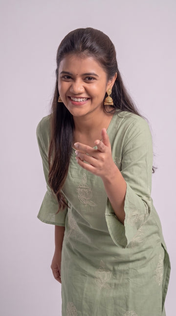 Sage Bloom Embroidered Cotton Kurta Set