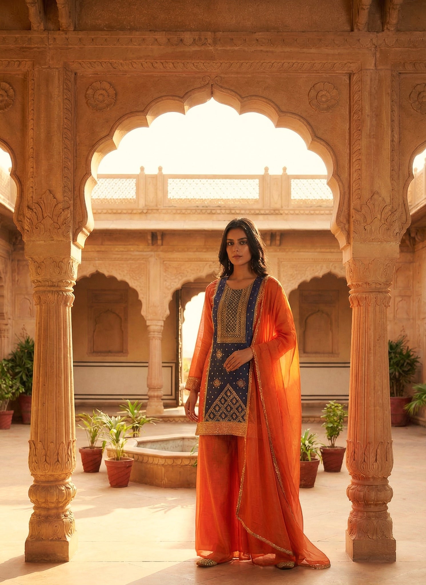 Orange & Navy Embroidered Sharara Set