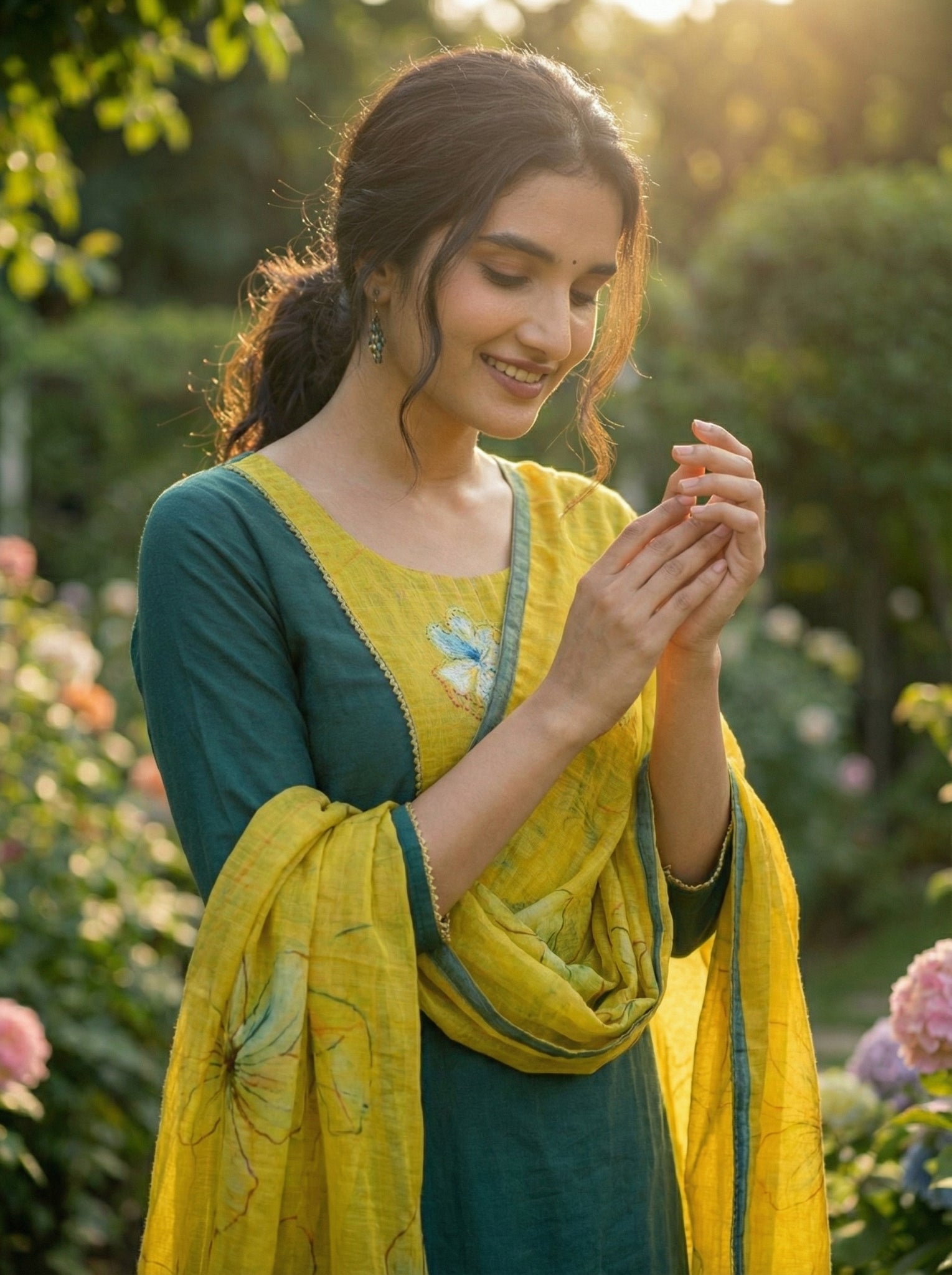 Dark Green & Mustard Floral Embroidered Kurta Set