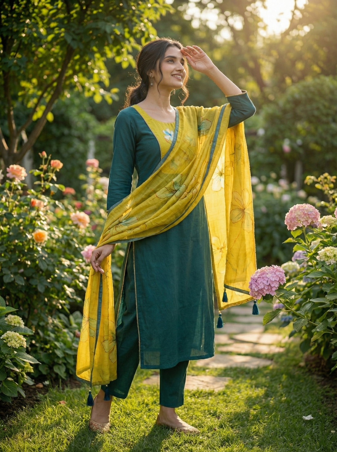 Dark Green & Mustard Floral Embroidered Kurta Set