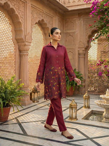 Maroon Embroidered Co-ord Set