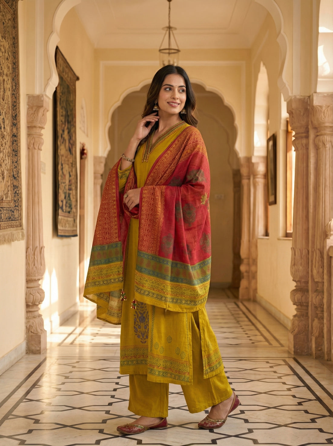 Mustard Handblock-Inspired Kurta Set with Woven Dupatta