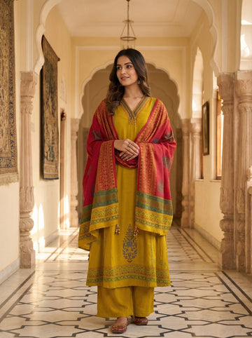Mustard Handblock-Inspired Kurta Set with Woven Dupatta