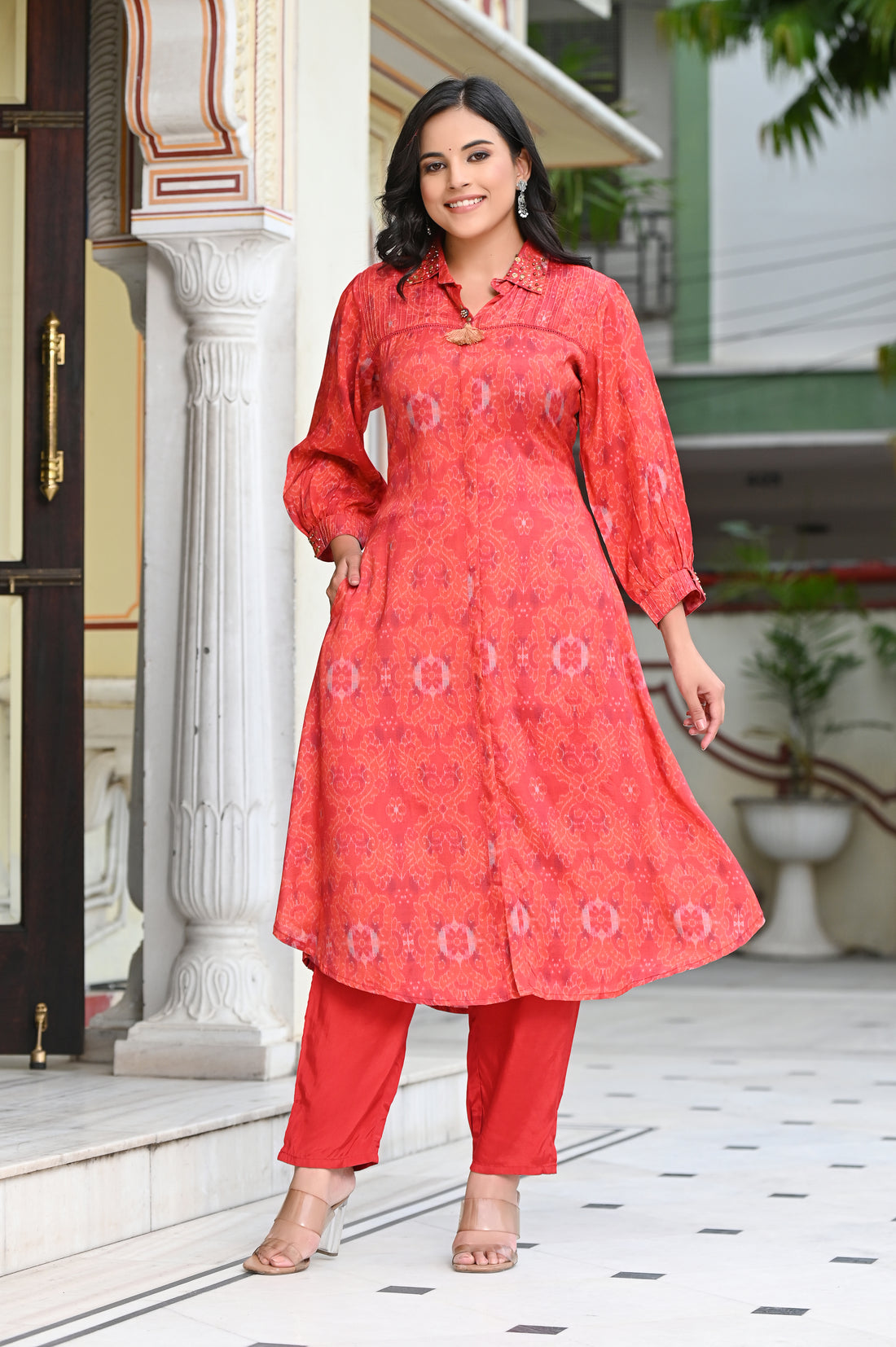 Flame Red Boho Print Kurta Set with Gathered Sleeves