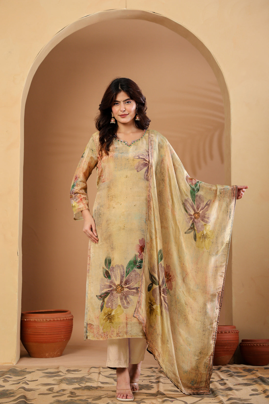 Muted Gold Floral Hand-Embellished Suit Set