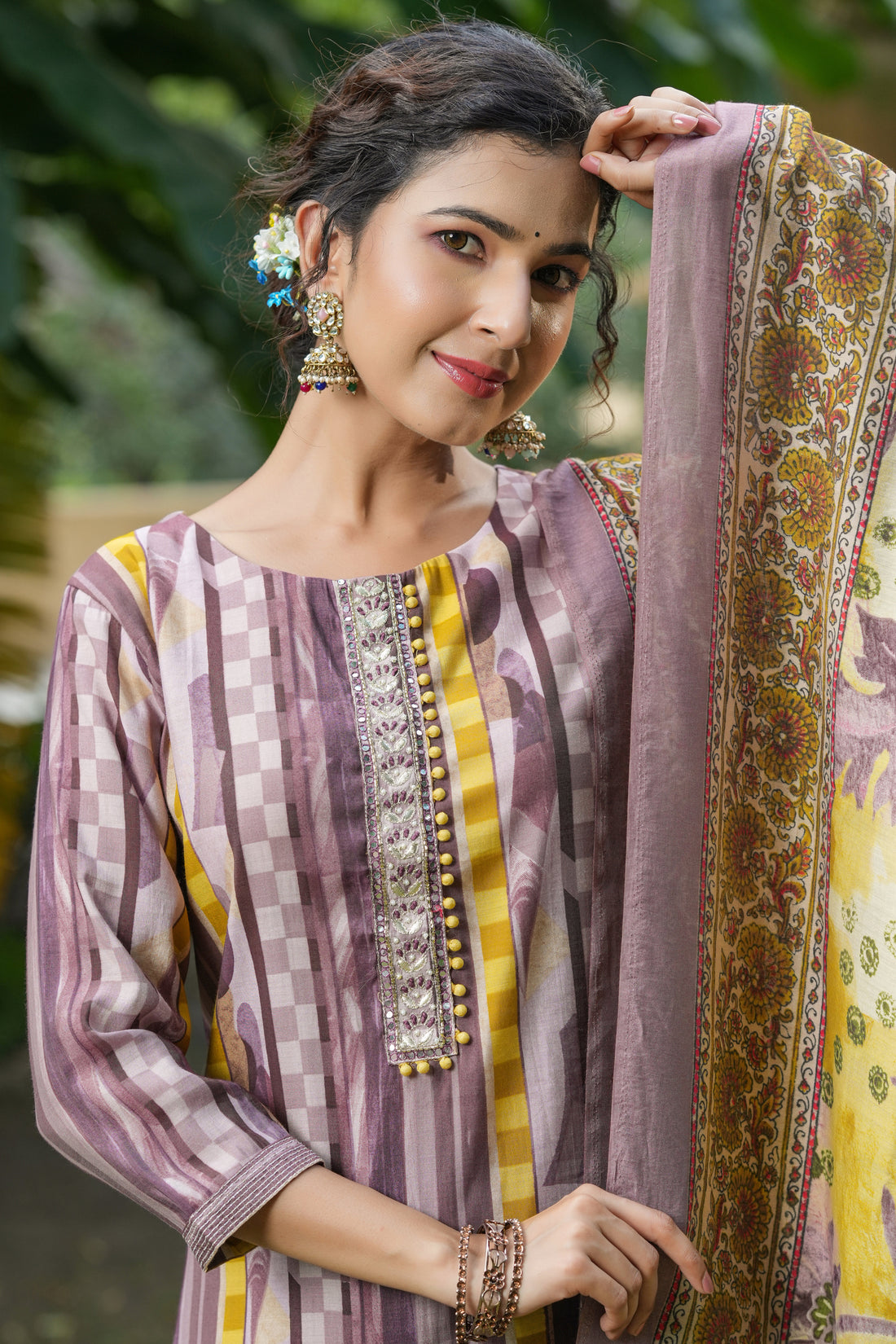 Earthy Mauve & Mustard Striped Kurta Set with Floral Dupatta