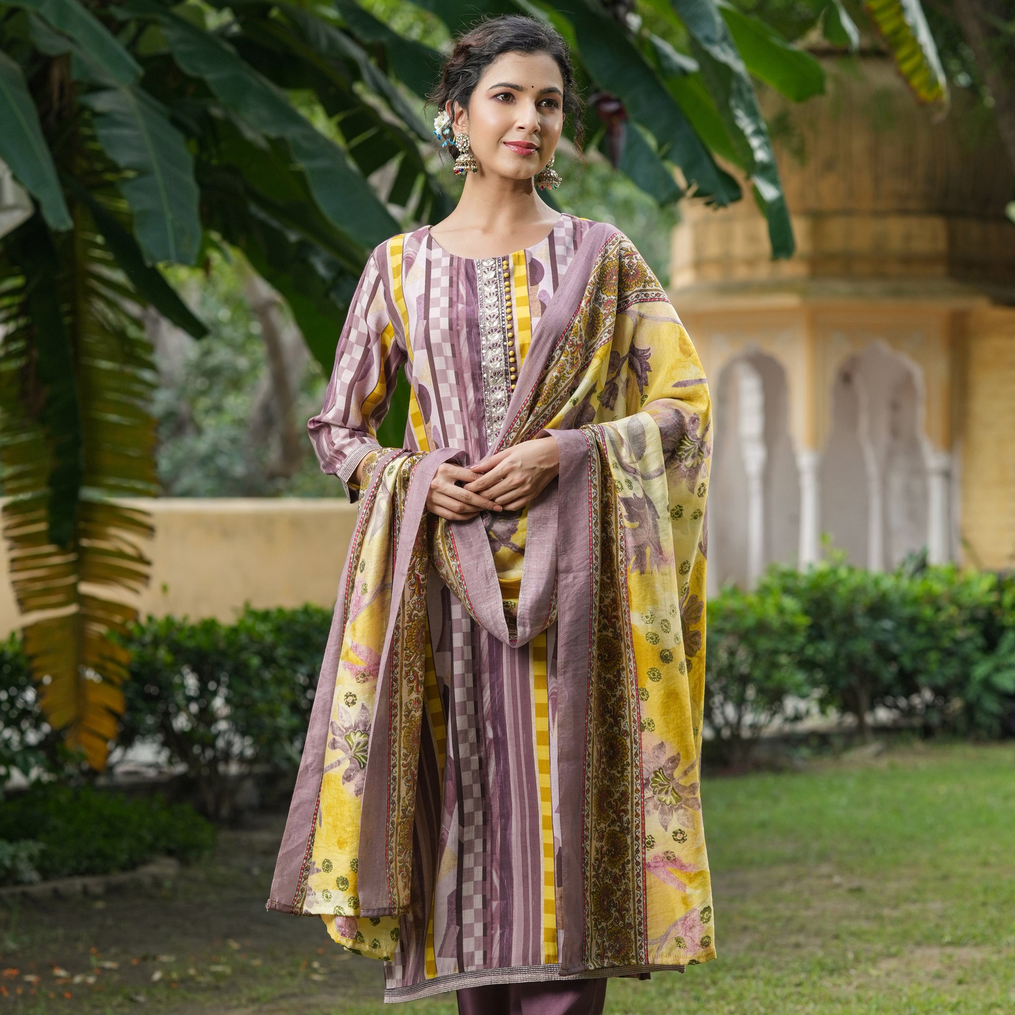 Earthy Mauve & Mustard Striped Kurta Set with Floral Dupatta