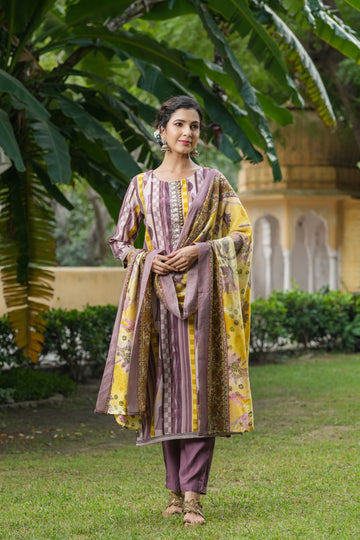 Earthy Mauve & Mustard Striped Kurta Set with Floral Dupatta