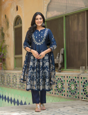 Royal Navy Bloom Paneled Kurta Ensemble Set