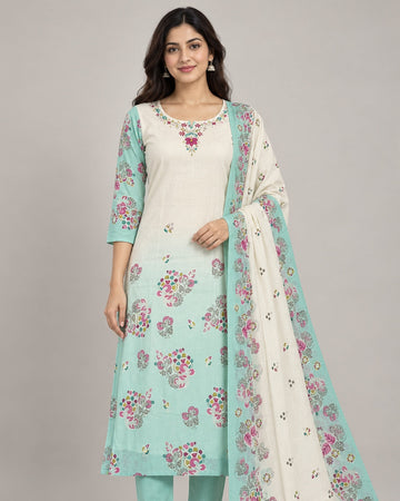 Pastel Aqua Paisley Printed 3-Piece Cotton Kurta Pant Set