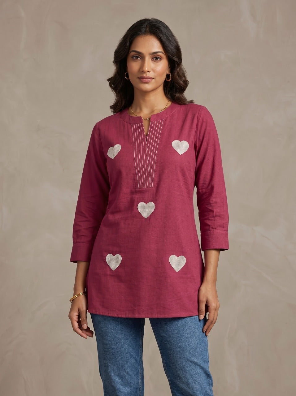Magenta Heart Embroidered Short Kurti – Top Only