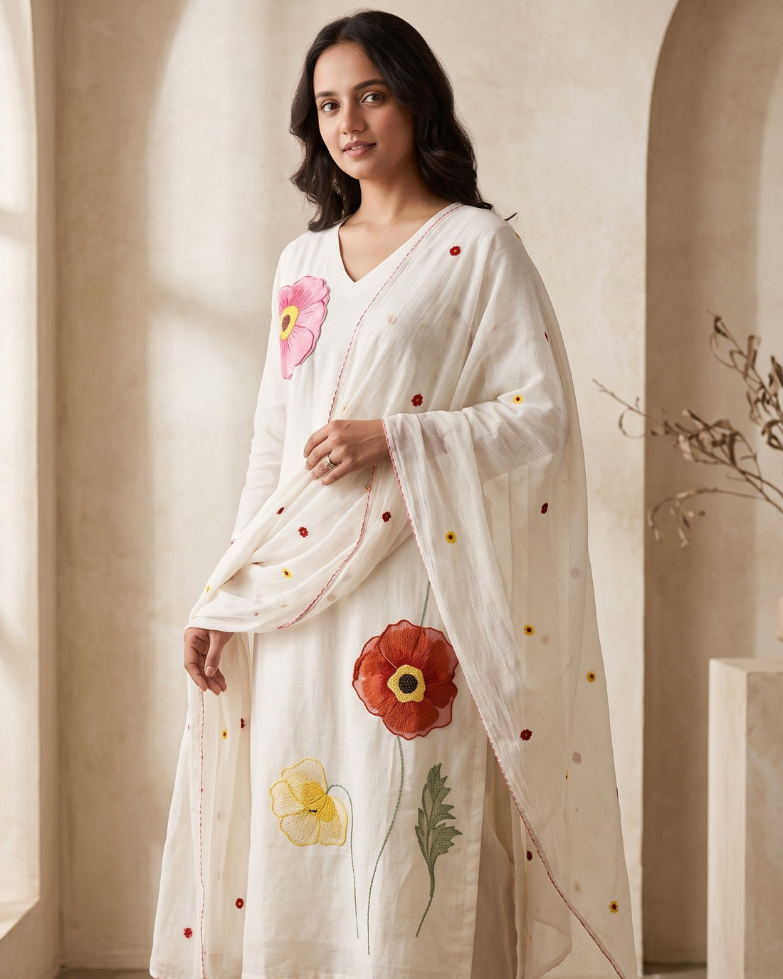 Ivory Hand-Embroidered Poppy Kurta Set - Tora Muslin with Sheer Dupatta