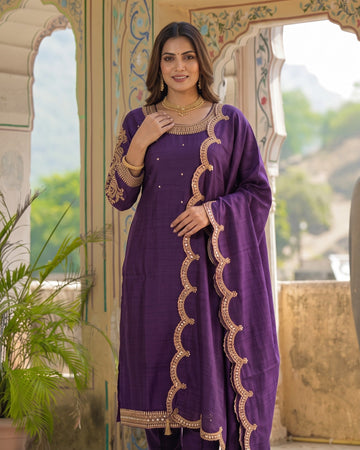 Deep Purple Silk Blend Kurta Set with Tilla Zardozi Neckline & Embroidered Dupatta
