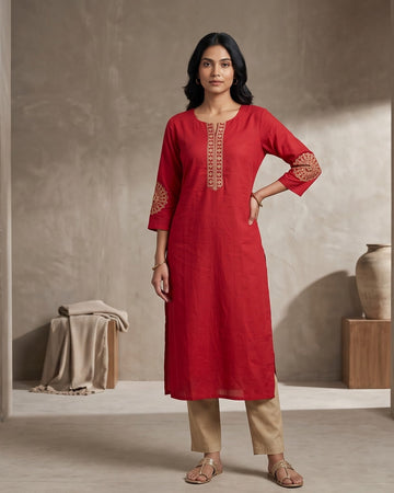 Crimson Red Cotton Slub Straight Kurta with Embroidered Neckline & Sleeve Motifs