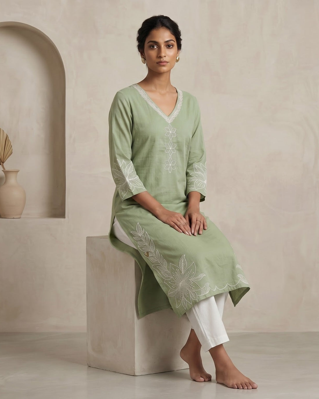 Sage Green Floral Embroidered Straight Kurta – Top Only