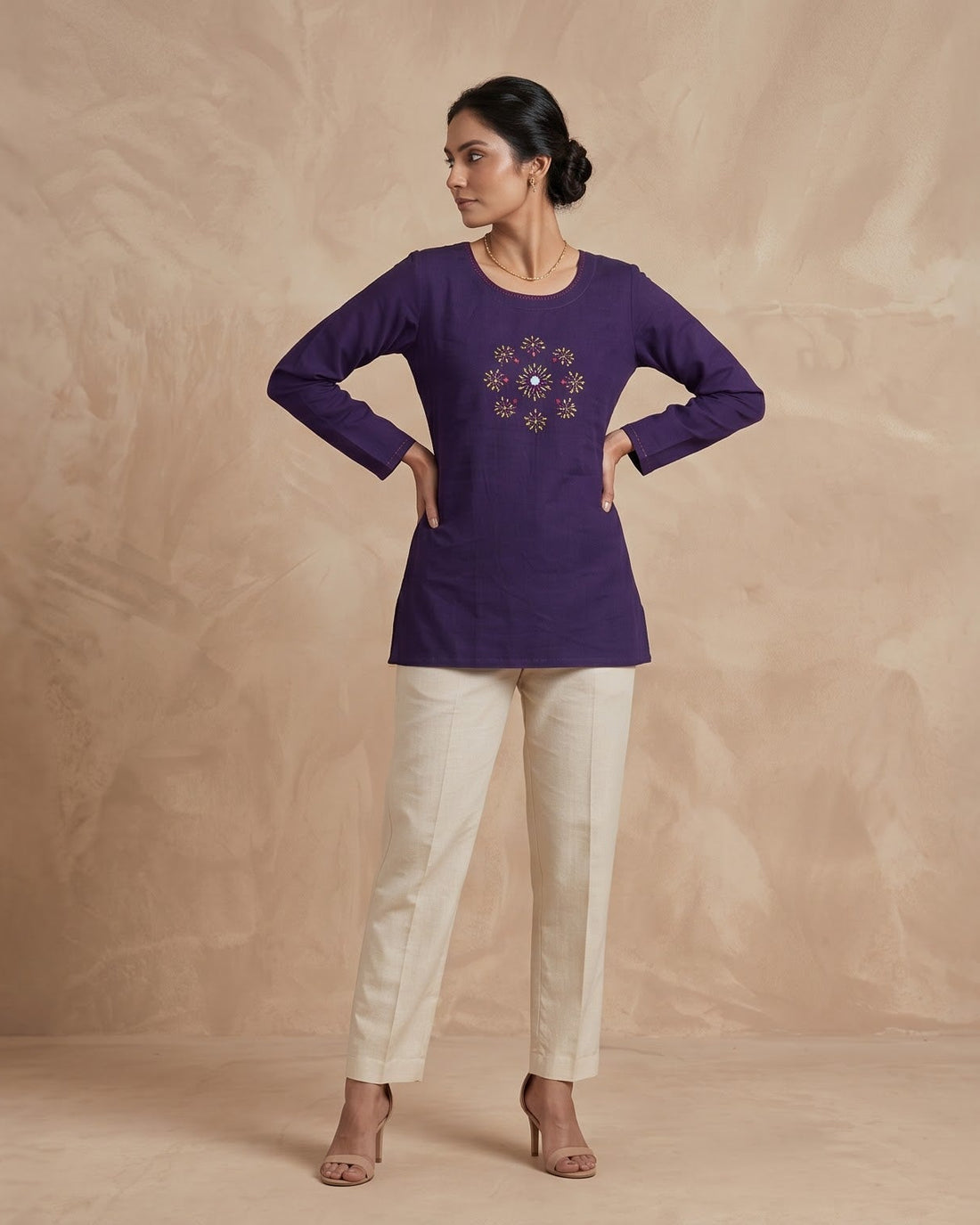Indigo Purple Cotton-Linen Short Tunic with Floral Mandala Embroidery
