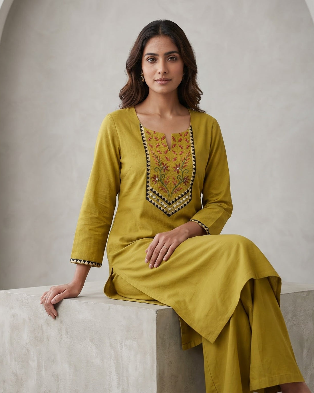 Mustard Yellow Embroidered Straight Kurta with Palazzo Set ( Two Piece )