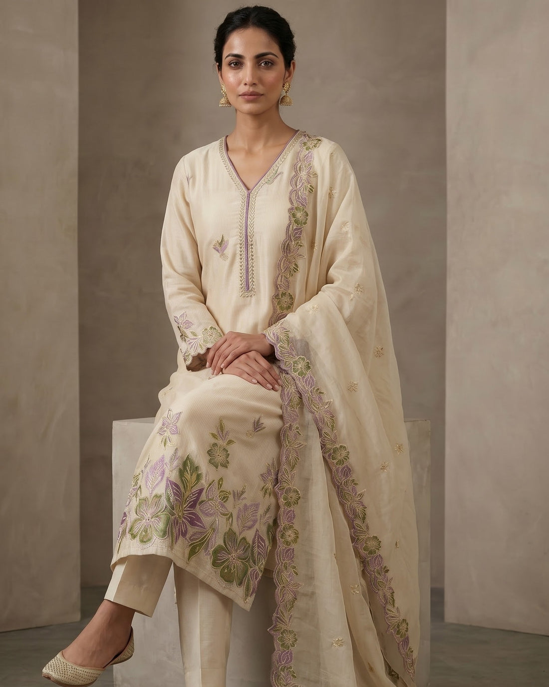 Ivory Floral Embroidered Muslin Suit Set