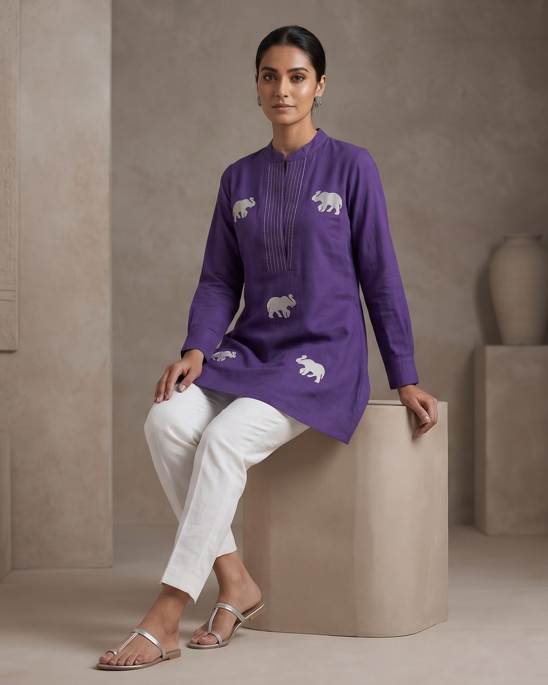 Indigo Purple Elephant Embroidered Short Tunic – Top Only