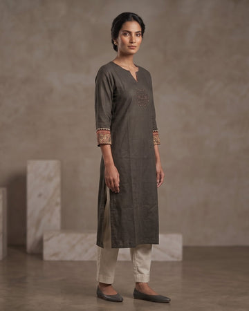 Charcoal Grey Embroidered Straight Kurta – Top Only