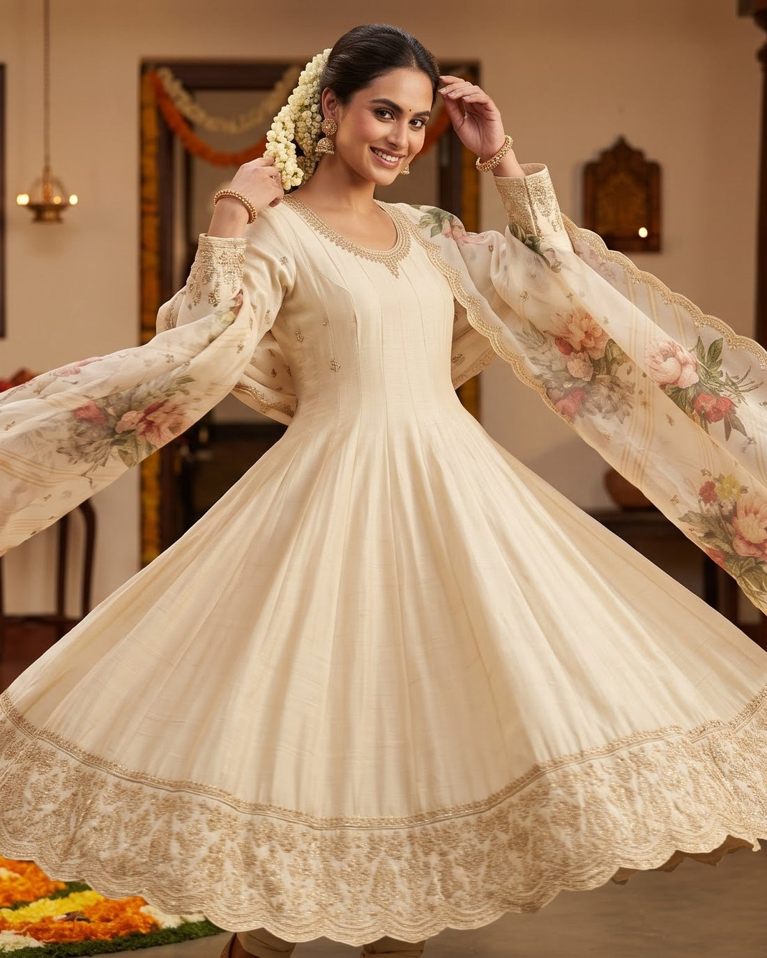 Ivory Floral Banarasi&nbsp; Anarkali Suit Set