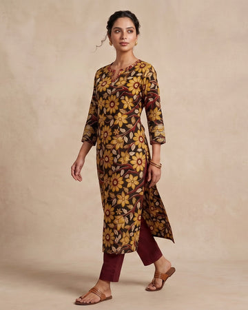 Mustard & Maroon Floral Kalamkari Straight Kurta – Top Only