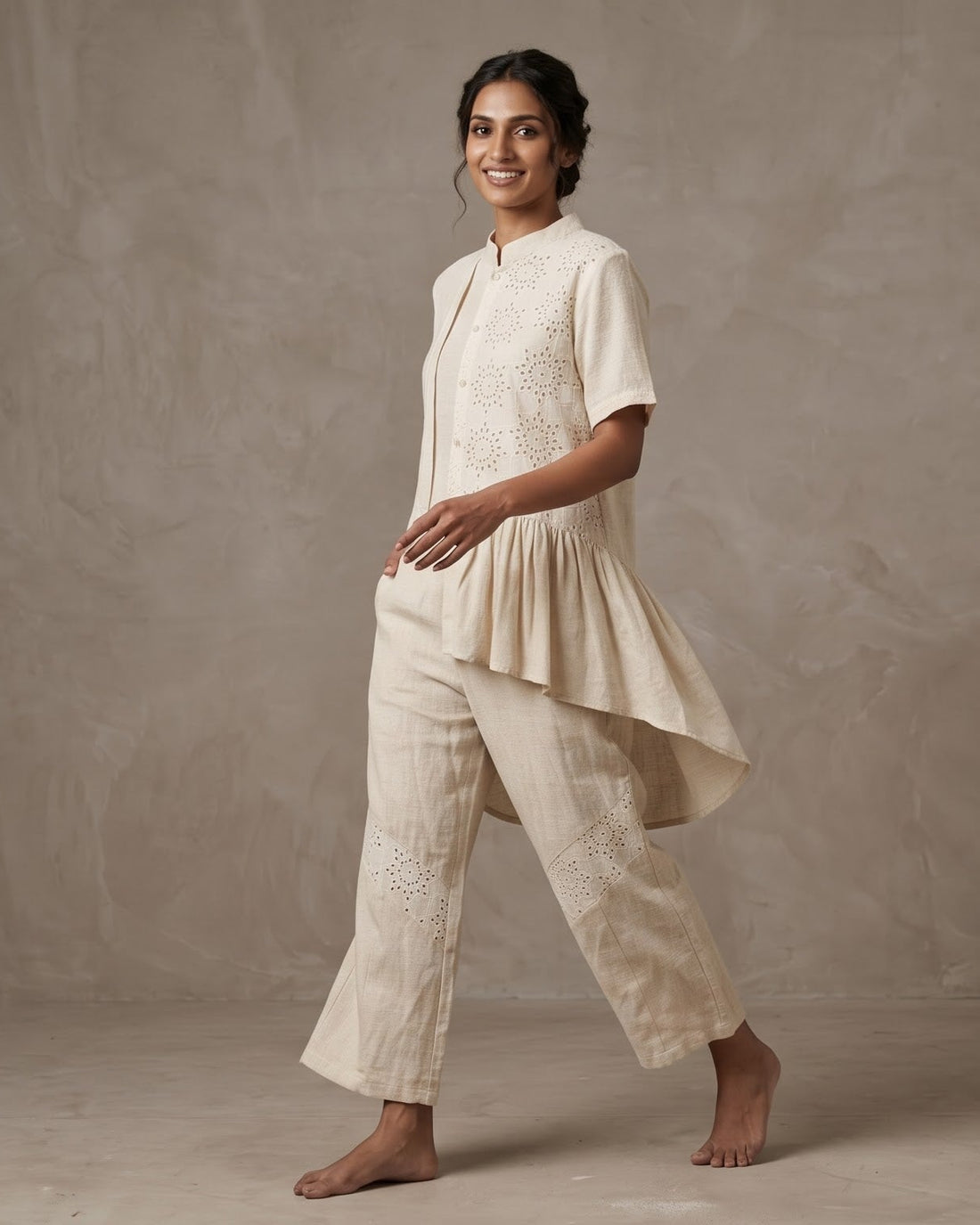 Off-White Chikankari Asymmetric Short Tunic with Cut-Work Trousers Set
