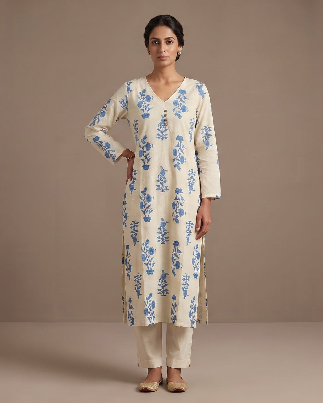 Cream &amp; Sky Blue Floral Print Straight Kurta – Top Only