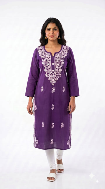 Royal Purple Floral Embroidered Straight Kurta – Top Only