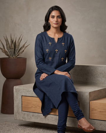 Navy Blue Gold-Embroidered Straight Kurta with Churidar Set