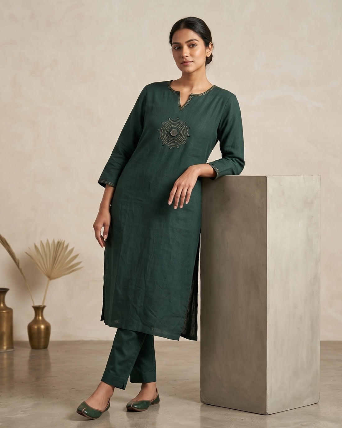 Forest Green Cotton Slub Kurta (Top only) with Mirror-Work Embroidery