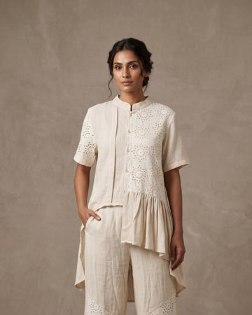 Off-White Chikankari Asymmetric Short Tunic with Cut-Work Trousers Set