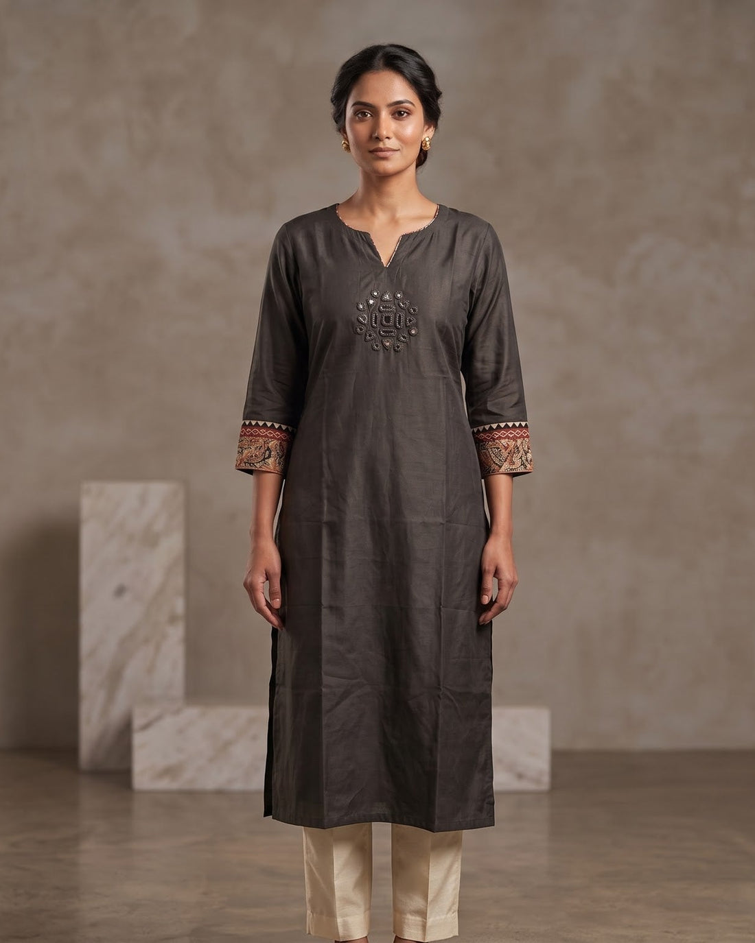 Charcoal Grey Embroidered Straight Kurta – Top Only