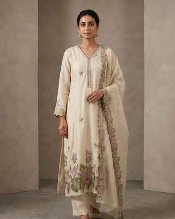 Ivory Floral Embroidered Muslin Suit Set
