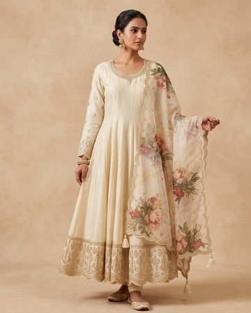 Ivory Floral Banarasi&nbsp; Anarkali Suit Set