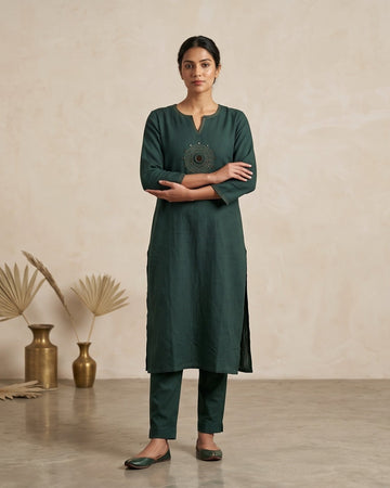 Forest Green Cotton Slub Kurta (Top only) with Mirror-Work Embroidery