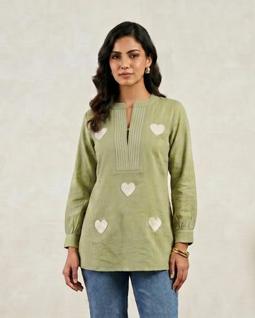 Sage Green Heart Appliqué Tunic Top – Top Only