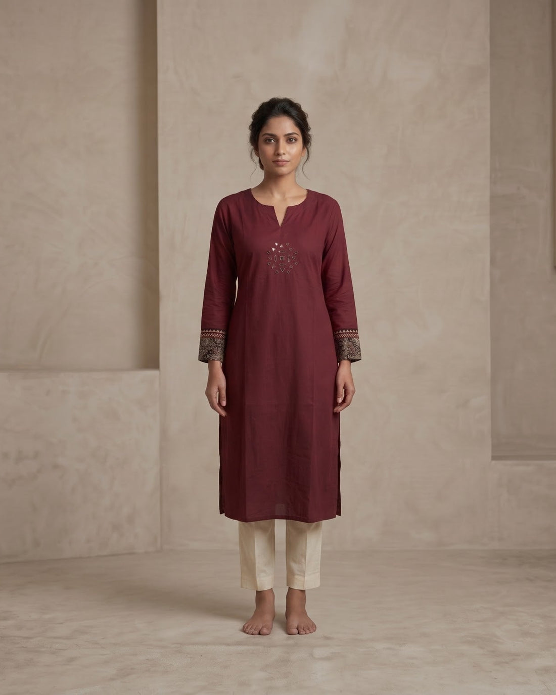 Maroon Embroidered Straight Kurta – Top Only