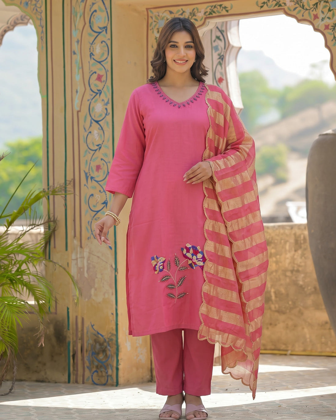 Blush Pink Floral Embroidered Kurta Set with Zari Dupatta