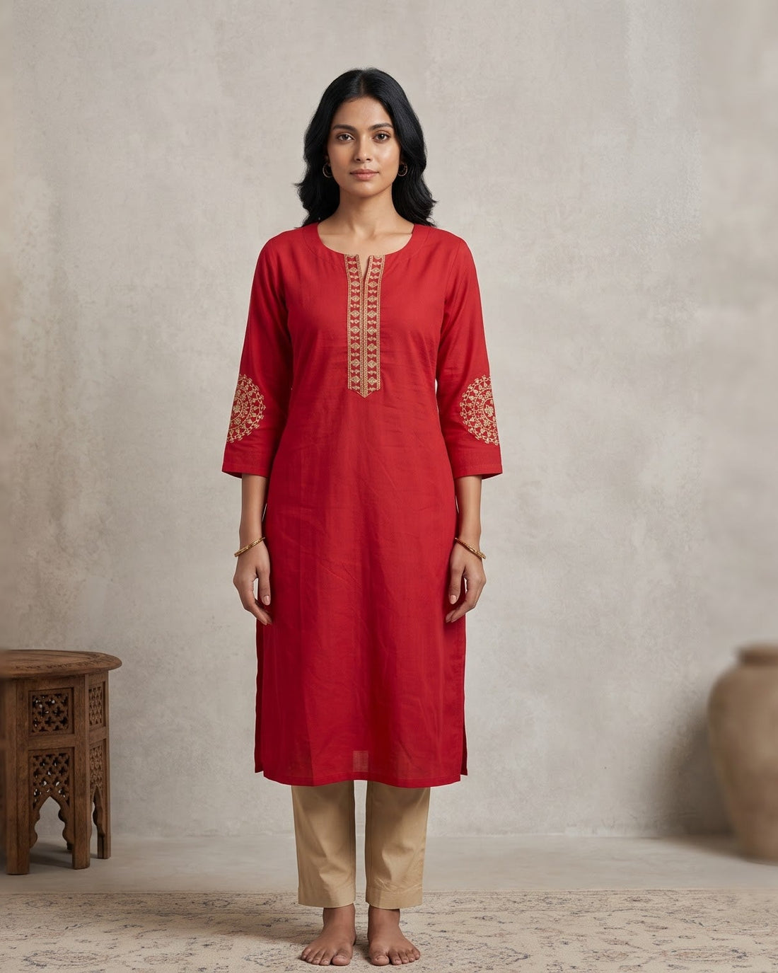 Crimson Red Cotton Slub Straight Kurta with Embroidered Neckline & Sleeve Motifs