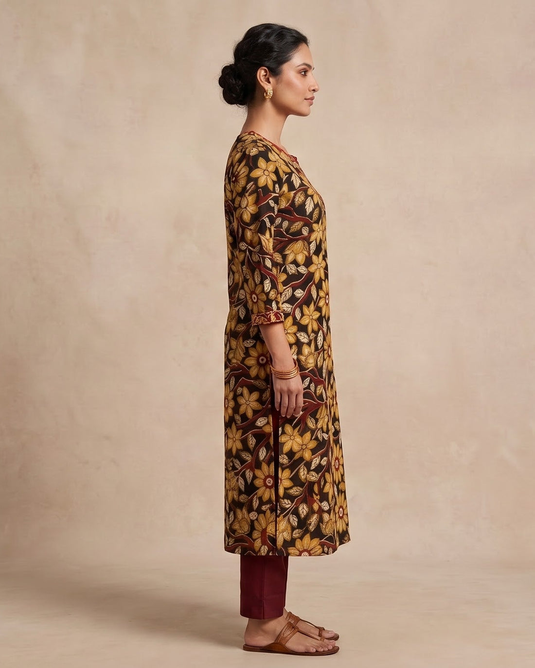 Mustard & Maroon Floral Kalamkari Straight Kurta – Top Only