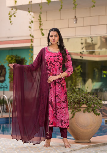 Vibrant Mulberry Floral Gathered side slit Salwar Suit Set